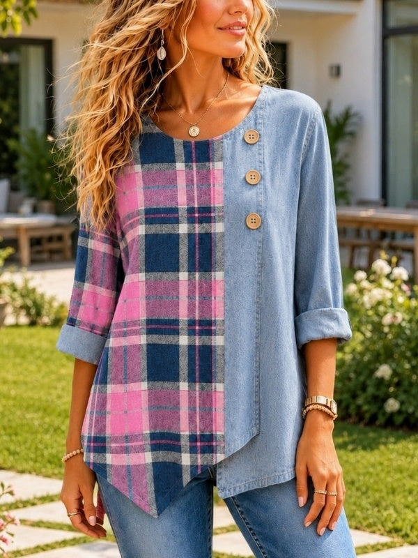 Patchwork Plaid & Tencel Denim Button Tunic