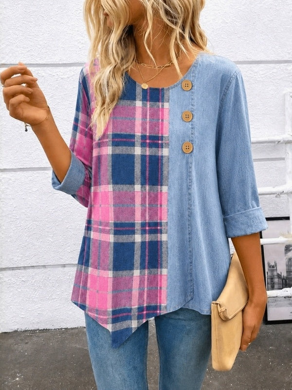 Patchwork Plaid & Tencel Denim Button Tunic