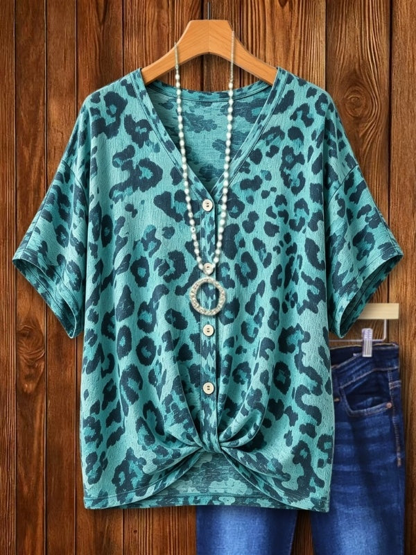 Twist Hem Leopard Print V-Neck Top