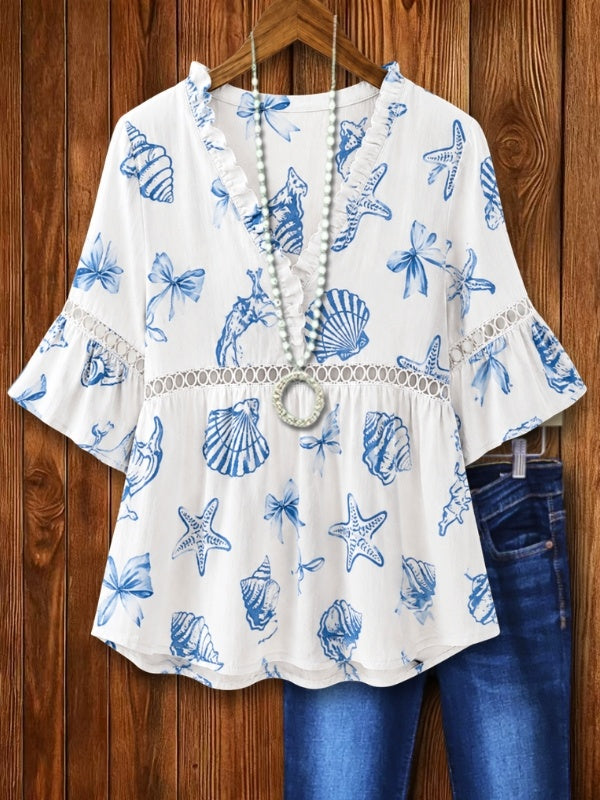 Ruffle V-Neck Seashell Print Blouse