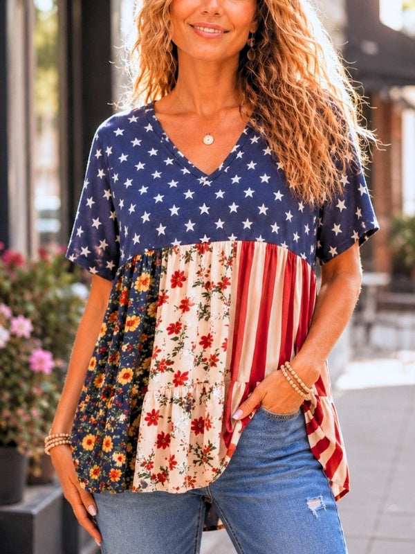 V-Neck Patchwork Babydoll Tunic Top