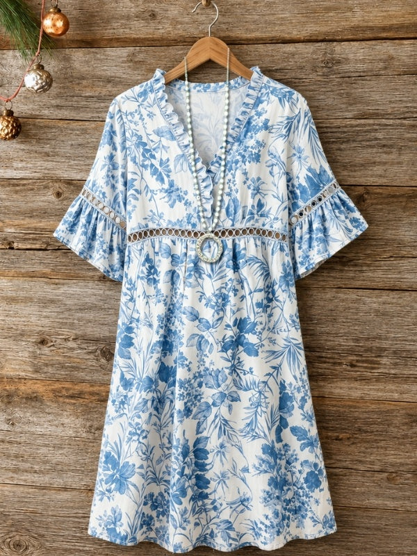Ruffle V-Neck Floral Midi Dress
