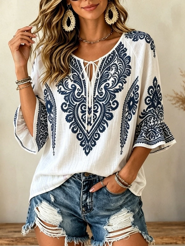 Paisley Print Tie-Neck Flutter Sleeve Blouse