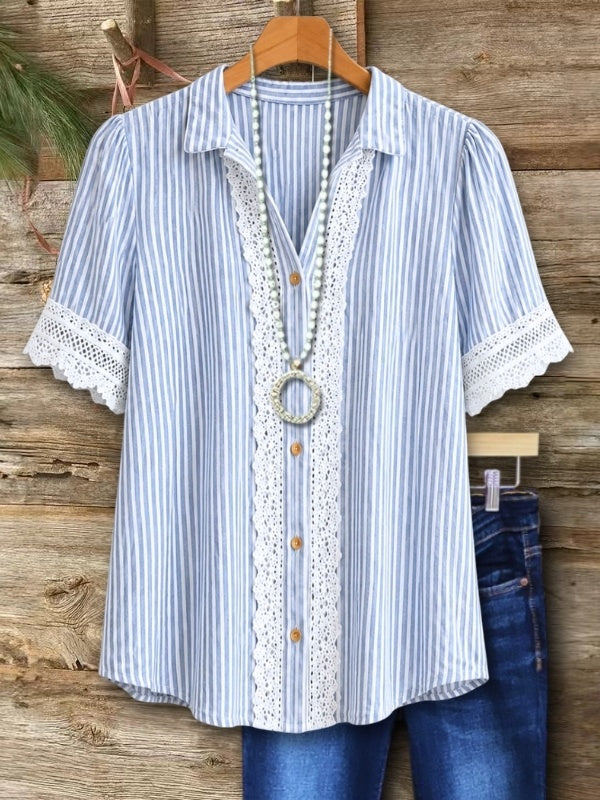 Striped Lace Trim Puff Sleeve Shirt