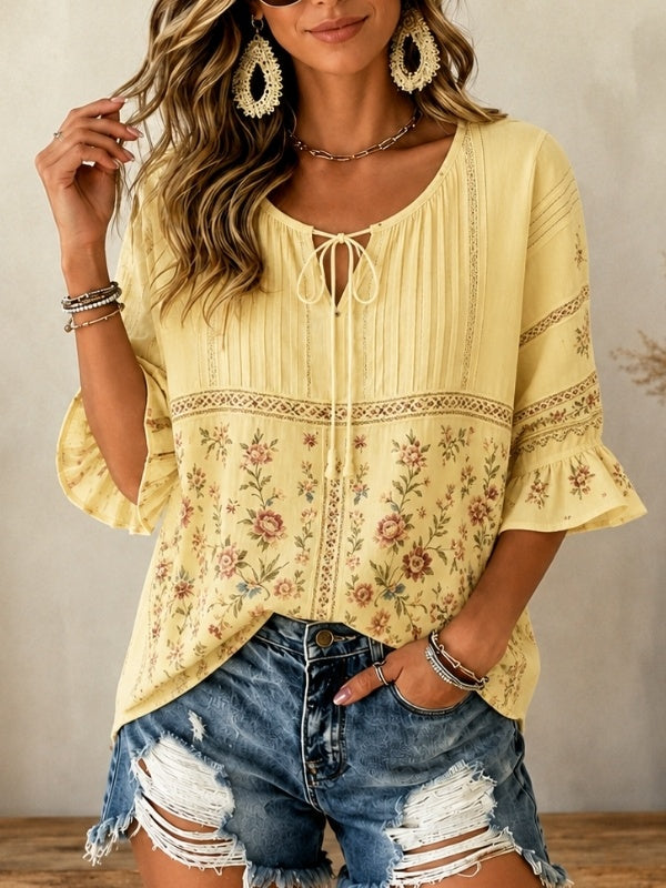 Pleated Tie-Neck Floral Blouse