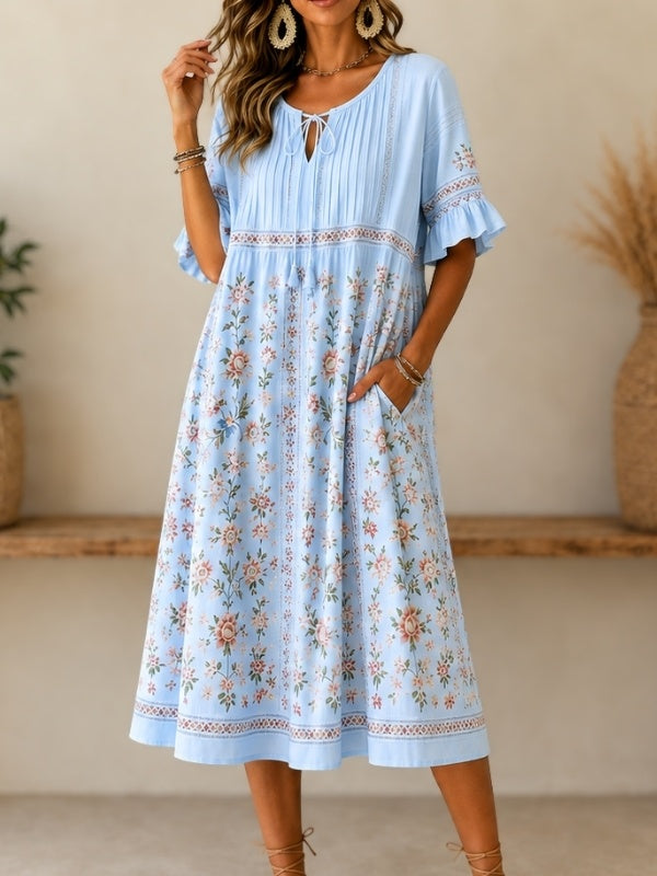 Pleated Tie-Neck Floral Midi Dress