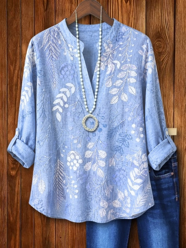 Botanical Print Roll-Tab Sleeve Blouse