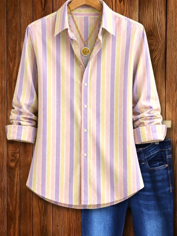 Cream Stripe Button-Front Collared Shirt