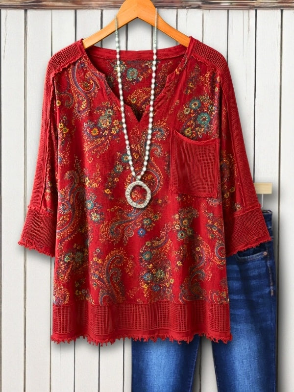 Patchwork Mesh Trim Paisley Top