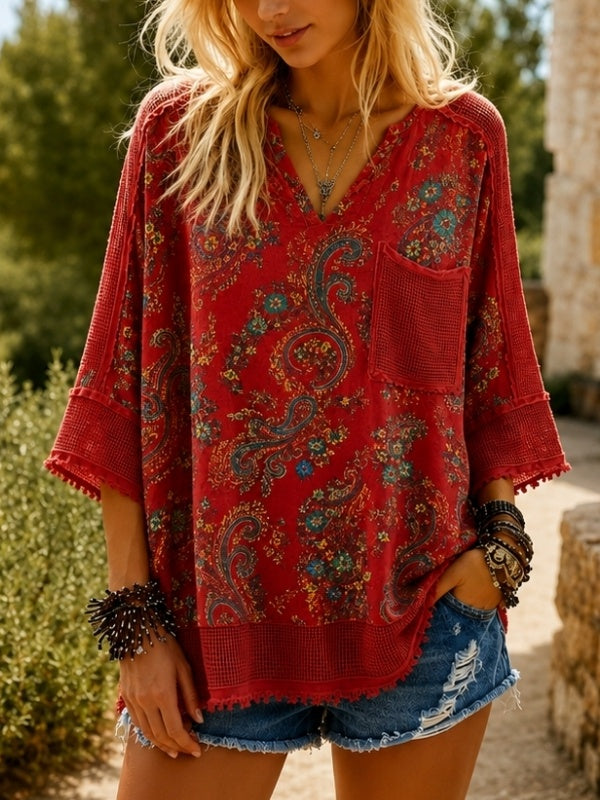 Patchwork Mesh Trim Paisley Top