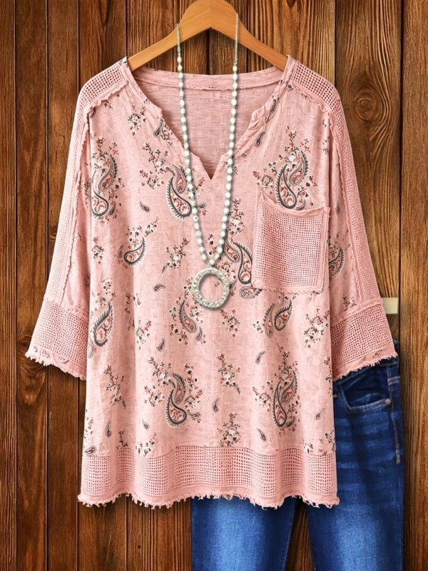 Patchwork Mesh Trim Paisley Top - Blush