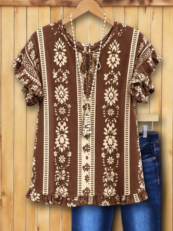 Ruffle Sleeve Boho Print Top