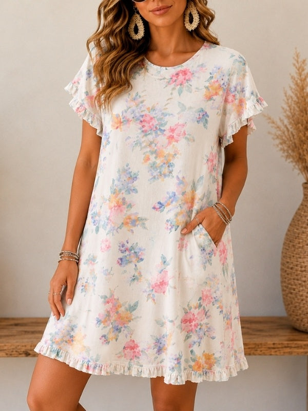 Floral Ruffle Sleeve Pocket Mini Dress
