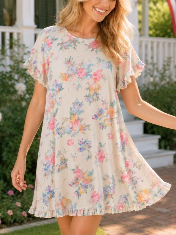 Floral Ruffle Sleeve Pocket Mini Dress
