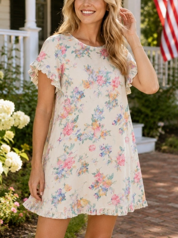 Floral Ruffle Sleeve Pocket Mini Dress