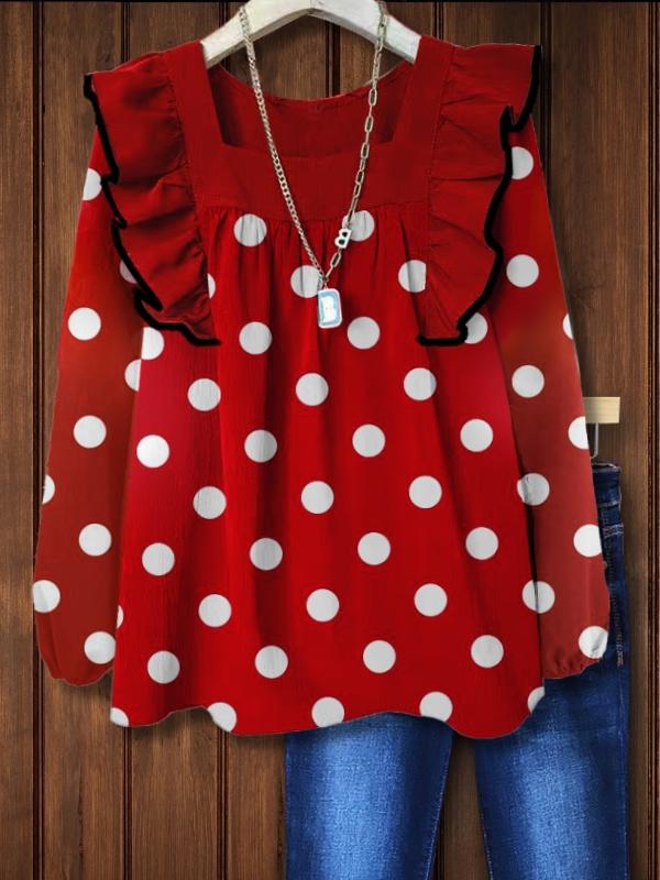 White Polka Dots Red Blouse