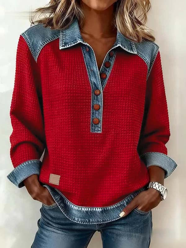 Rustic Charm Denim Collar Blouse