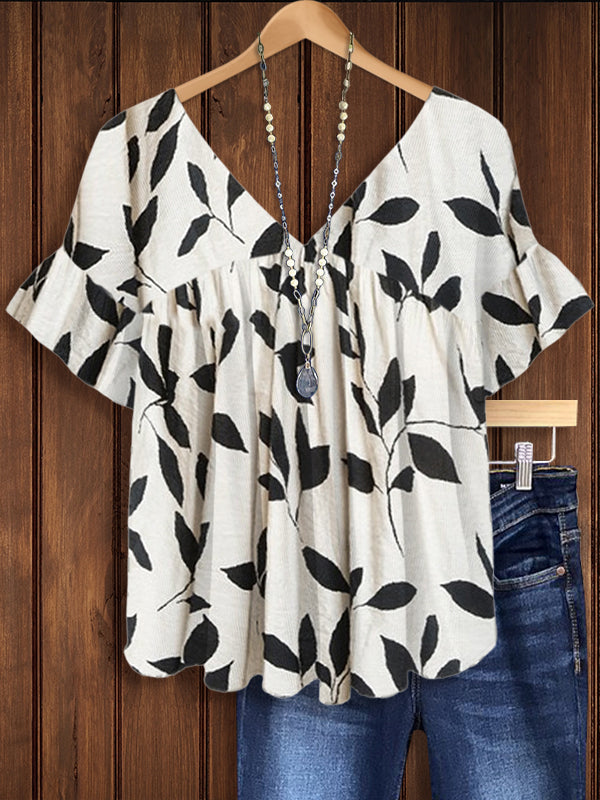 Leaves Print Ruffle Sleeve Top