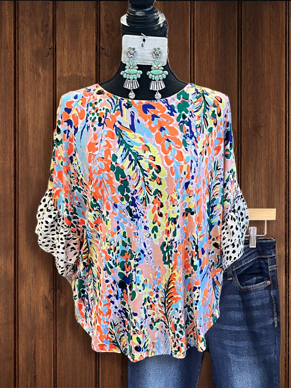 Colorful Blossom Ruffle Leopard Print Sleeve Top