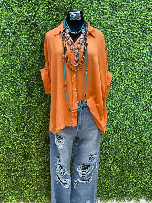 Linen Button Up Top in Orange