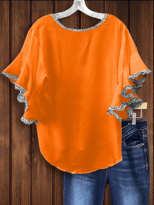 Leopard Panel Ruffle Sleeve Top