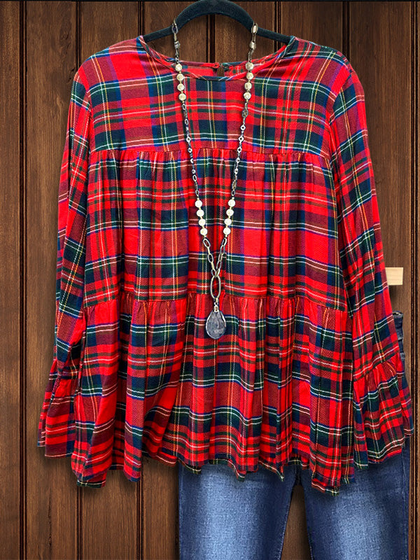 Plaid Ruffled Sleeve Ruched Top