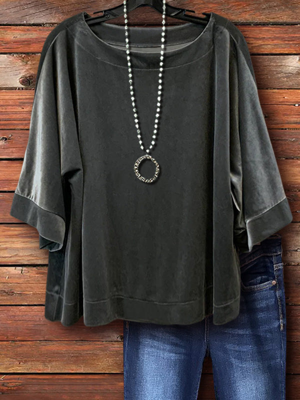 Velvet Mid Sleeve Top In Gray