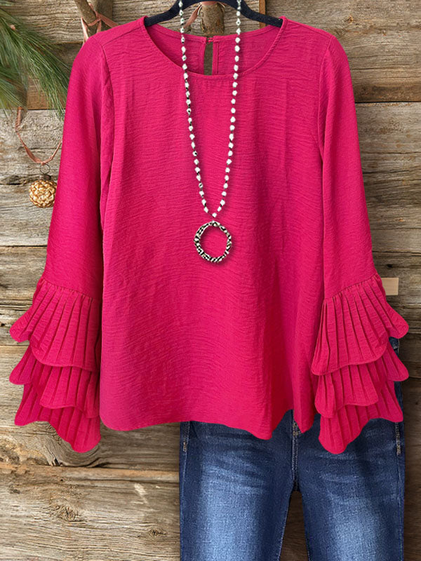 Ruffled Bell Sleeve Top In Rose Red