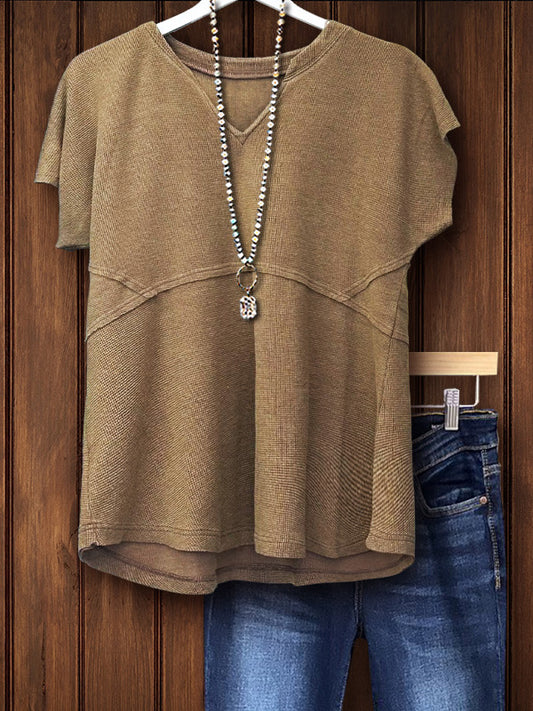 Textured V-Neck T-Shirt With Raw Edge