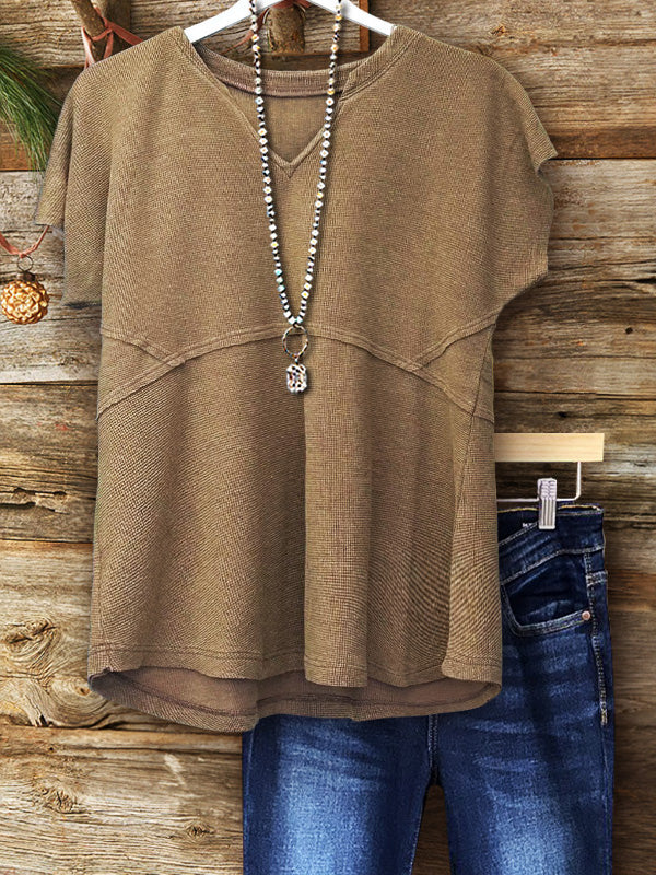 Textured V-Neck T-Shirt With Raw Edge