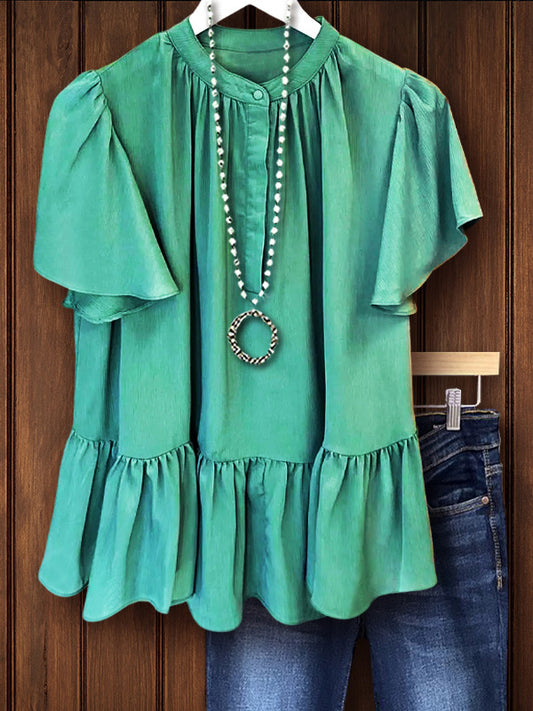 Green Elegant Ruffle Sleeve Top