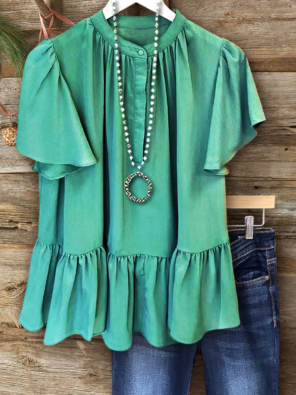 Green Elegant Ruffle Sleeve Top