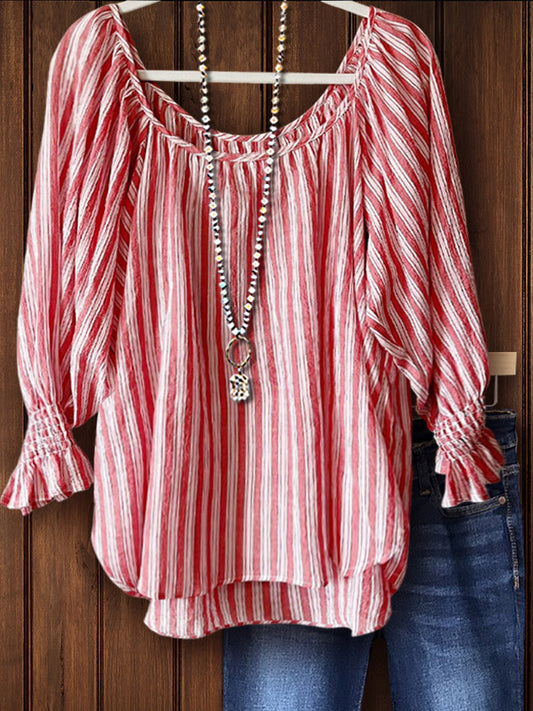 Red Striped Puff Top