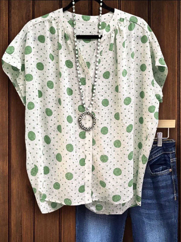 Polka Dot V-Neck Shirt In Green 