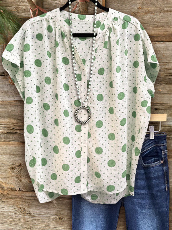 Polka Dot V-Neck Shirt In Green 