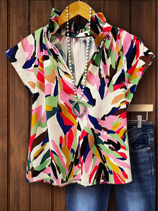 Abstract Print V-Neck Top