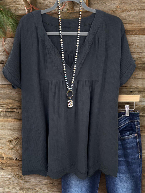 Casual Pleated V-Neck Tee