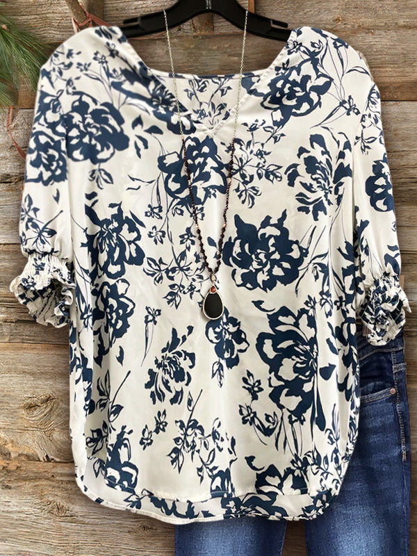 Casual Floral Print V-Neck Top