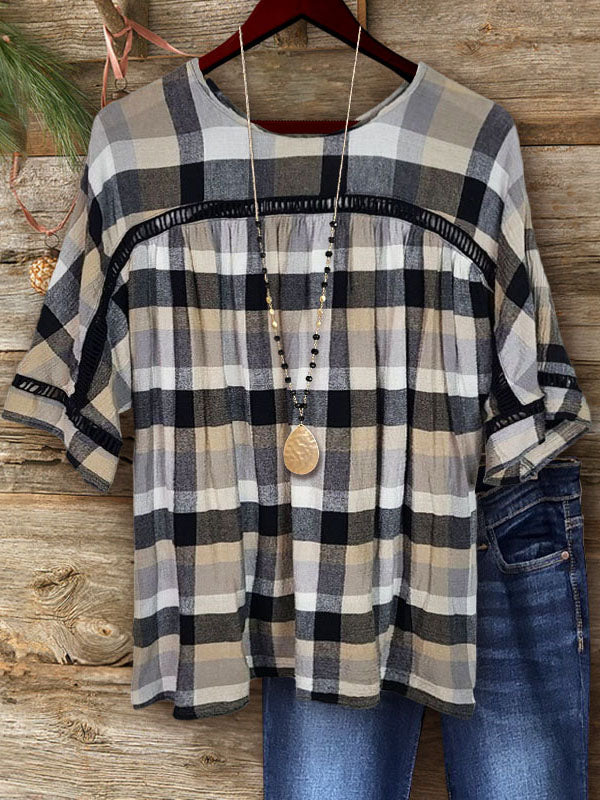 Plaid Patchwork Mid-Sleeve Top