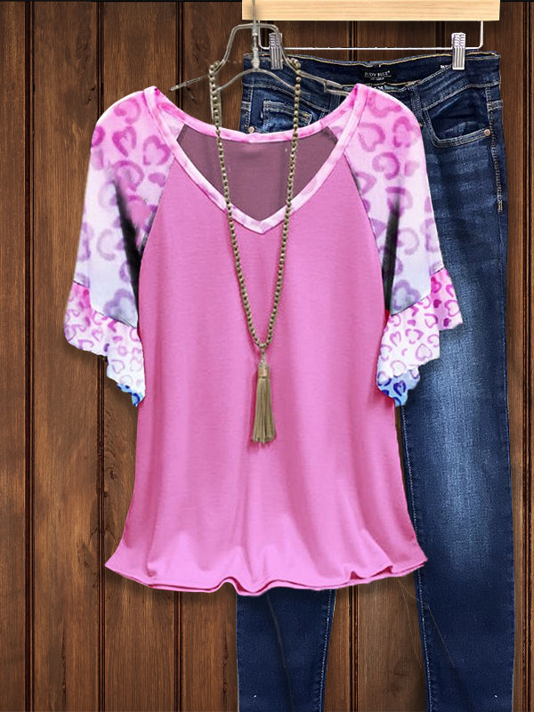 V-Neck Pink Leopard Print Ruffle Short Sleeve Tee