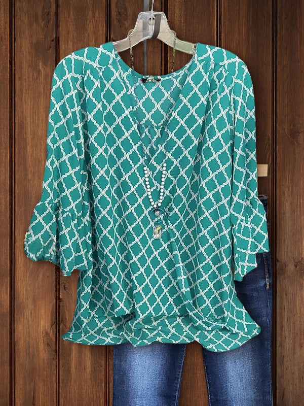 V Neck Trendy Geometric Print Loose Top