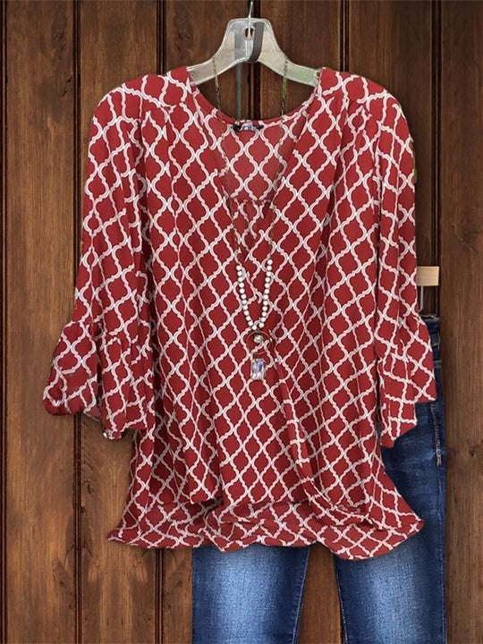Sweet Cute Geometric Print With Bow V Neck Tops