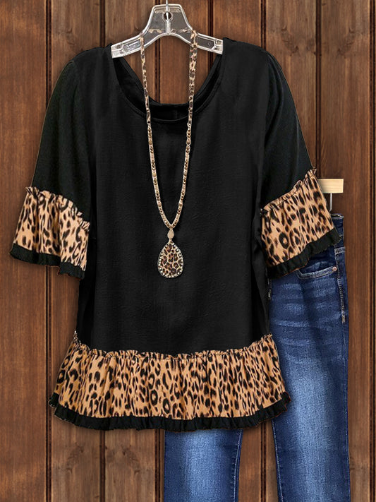 Leopard Print Ruffle Trim Top