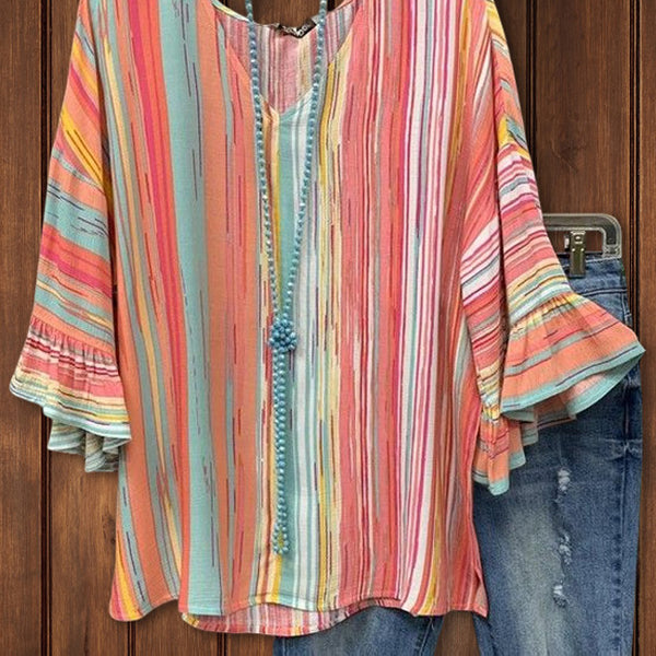 Women's t-shirt | Colorful Stripe Ruffle Top |lovelinessboutique