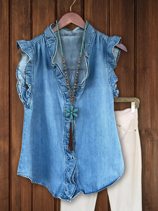 Ruffle Front Denim Top