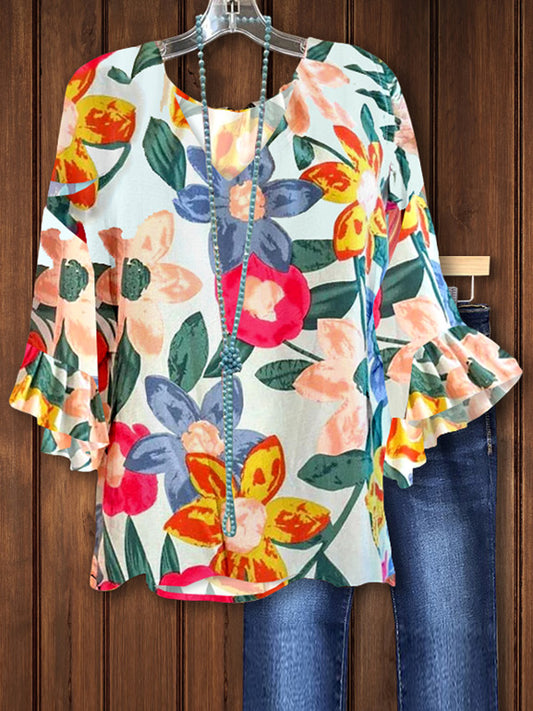 Trendy Floral Print Ruffle Top