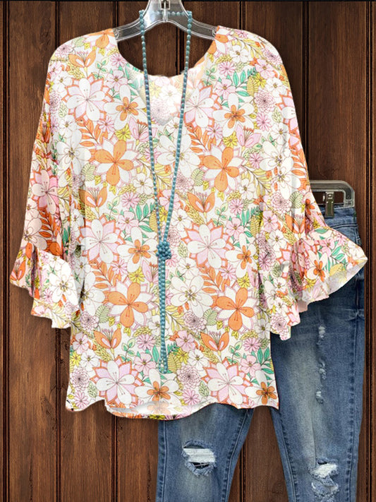 Pastoral Floral Print Ruffle Top