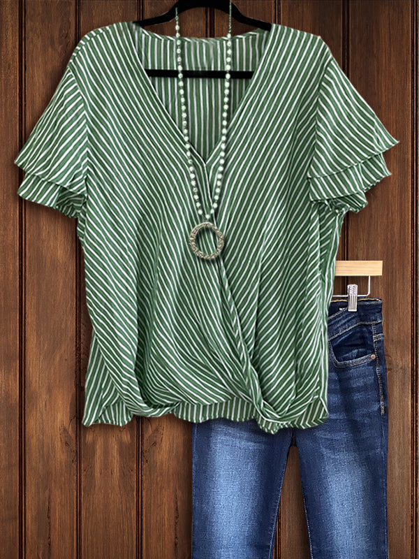 Casual Stripe Print Ruffle Top