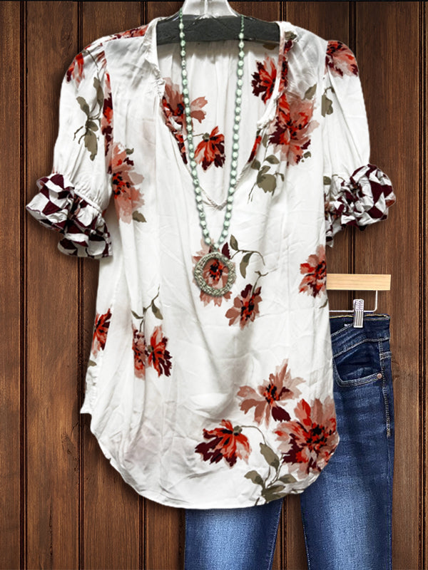 Mixed Floral Print Ruffle Sleeve Top