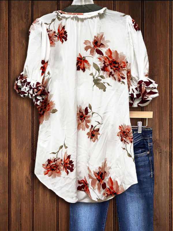 Mixed Floral Print Ruffle Sleeve Top